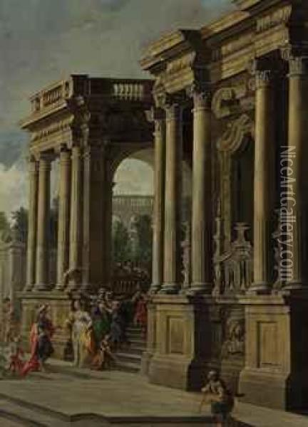 An Architectural Capriccio With Elegant Figures In A Portico Oil Painting - Vittorio Maria Bigari