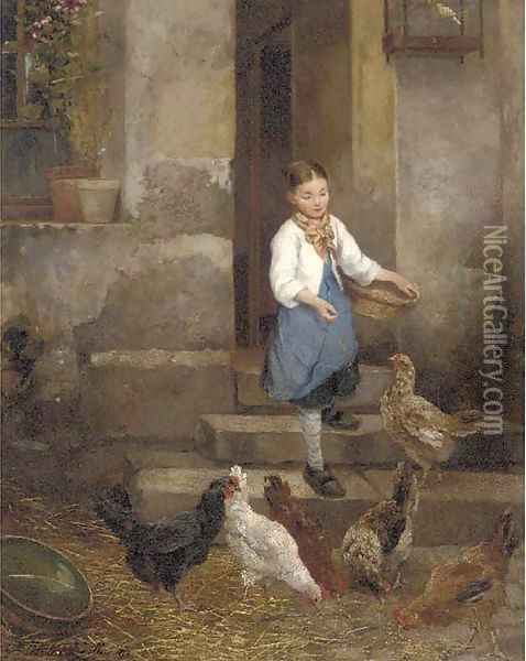 Feeding the Chickens Oil Painting - Camille Leopold Cabaillot Lassale