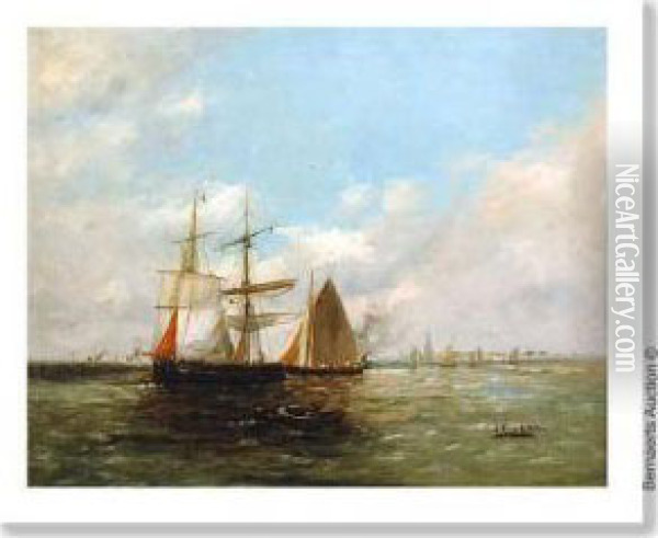 The Antwerproadstead With Yacht. Canvas. Signed J.van Aken Oil Painting - Jan Van Aken