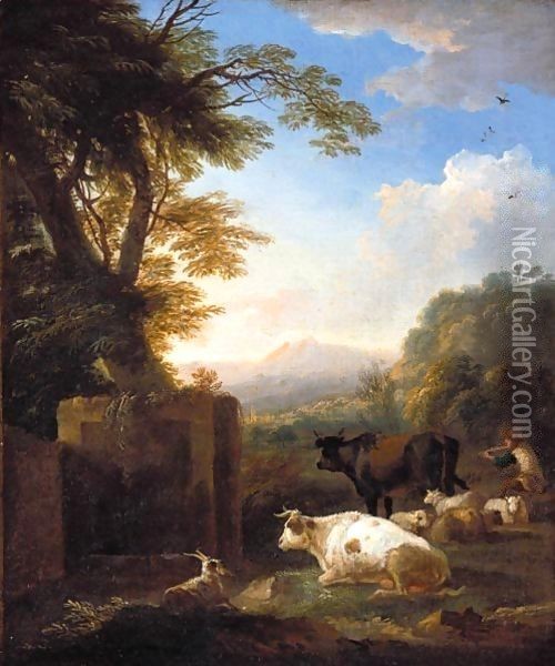 An Italianate Landscape With A Piping Herdsman Tending His Animals Oil Painting - Adriaen Van Diest