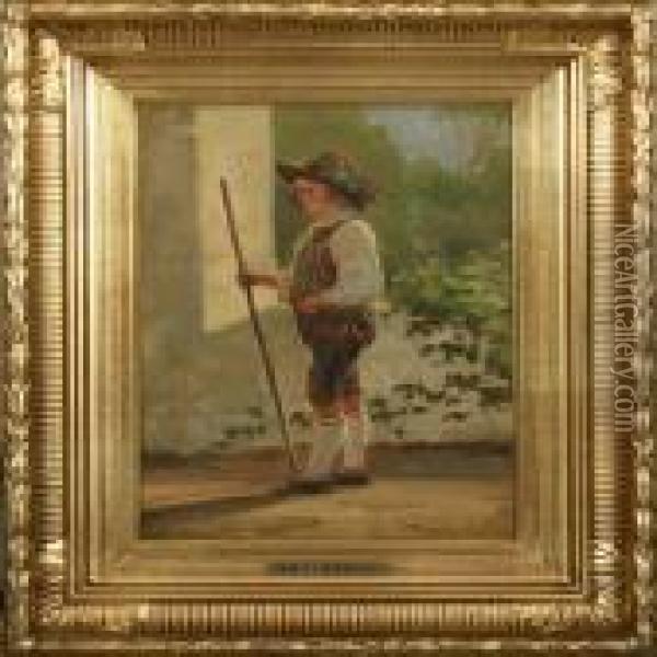 A Tyrolese Boy Withwalking Stick Oil Painting - F. C. Kiaerschou