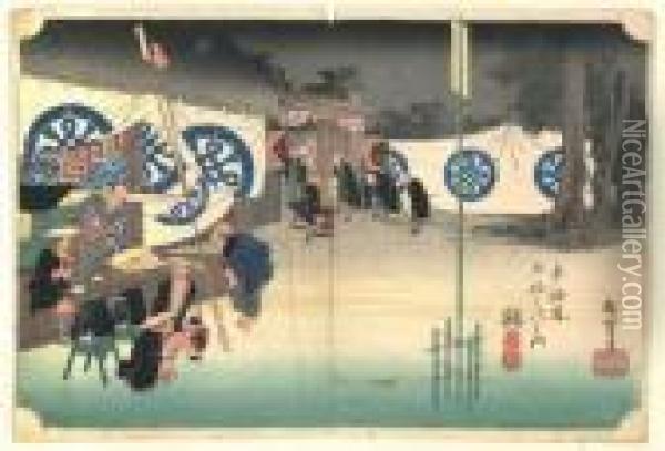 Les Cinquante Trois Stations Du Tokaido, Seki, Honjin Hayadachi Oil Painting - Utagawa or Ando Hiroshige