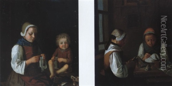 Hausliche Szene Mit Strickenden Frauen Oil Painting - Justus Juncker