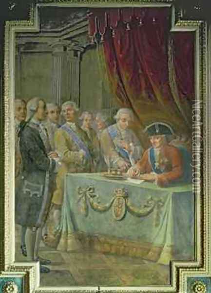Charles III 1716-88 signs the decree authorising trade with Asia and the Philipines 18th century Oil Painting - Pere Pau Muntanya