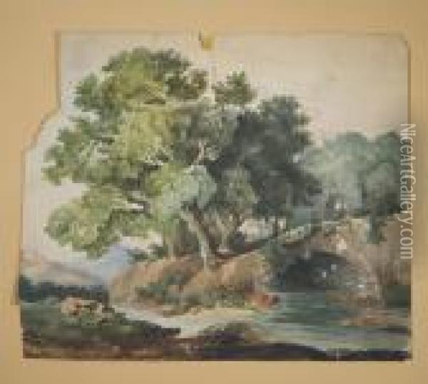 Paesaggio Fluviale Con Ponte Romano E Alberi Oil Painting - Hubert Robert