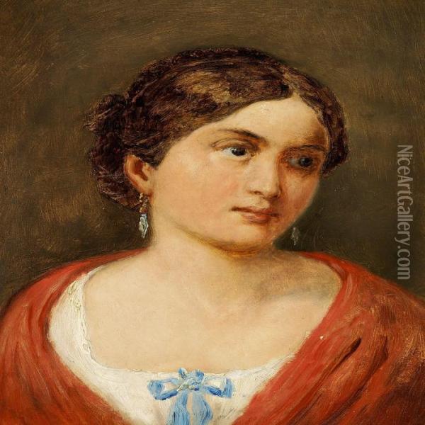 Portrait Of A Young Woman In A White Dress And Red Cape Oil Painting - Wilhelm Marstrand