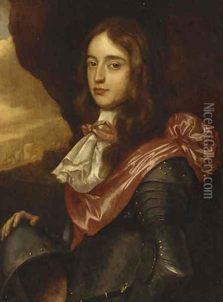 Portrait of a nobleman, thought to be Prince Rupert Palatine, small-half-length, in armour with a crimson sash, a landscape beyond Oil Painting - Gerrit Van Honthorst