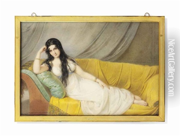 A Lady, Formerly Called The Countess Perera (pereira), In White Dress, Reclining On A Chaise Longue Draped With Yellow Cashmere Shawl, Her Right Elbow Resting On A Green Pillow Oil Painting - Moritz Michael Daffinger
