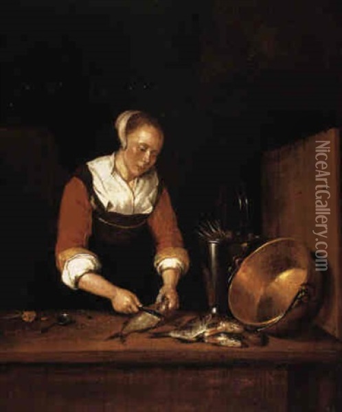 Kuchenmagd Beim Abschuppen Von Fischen Oil Painting - Quiringh Gerritsz van Brekelenkam