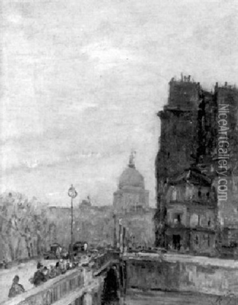 Belebte Seinebrucke Mit Blick Auf Das Pantheon Oil Painting - Gustave Madelain