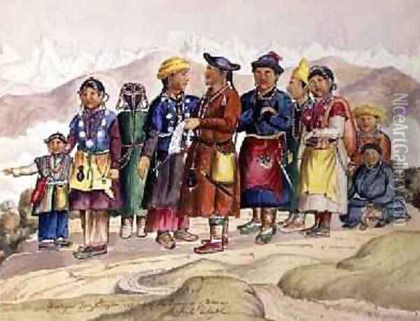 Bhotias Tibetans from Lhasa the capital of the Province of Utsang Central Tibet 1852-60 Oil Painting - Dr. H.A. Oldfield