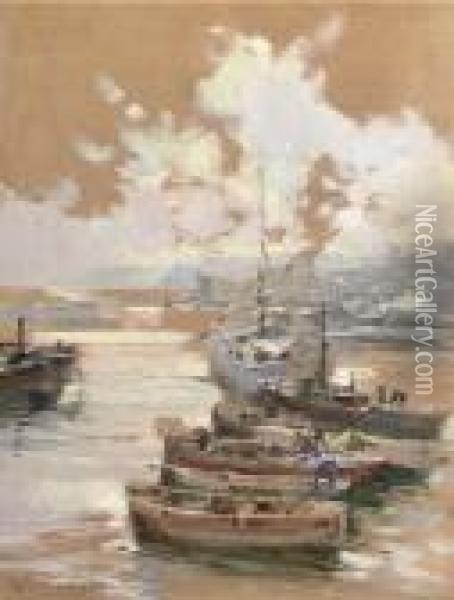 Fishing Vessels At Their Moorings Oil Painting - Giuseppe Solenghi
