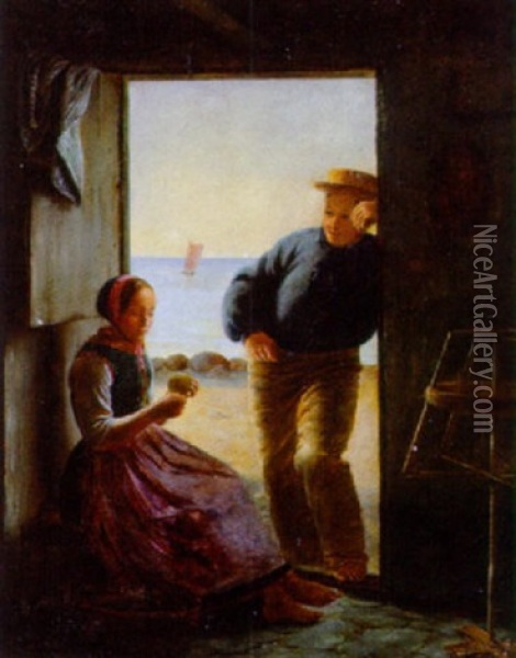 Bejler Pa Besog, Ung Mand Og Kvinde Ved En Dorabning, I Baggrunden Havet Oil Painting - Julius Friedlaender