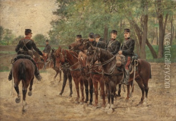 French Military On Horseback Oil Painting - Jules Delaunay