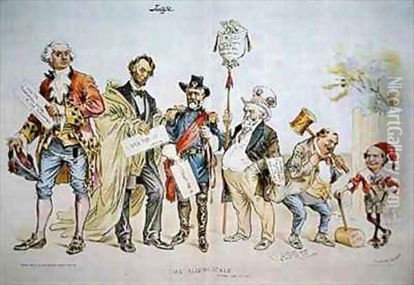 Cartoon depicting The Sliding Scale in political status in the USA featured in Judge Oil Painting - Victor Gillam