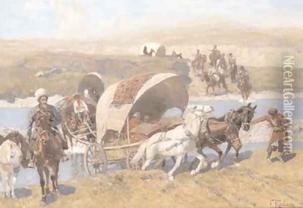 Kosaks on the move Oil Painting - Franz Roubaud