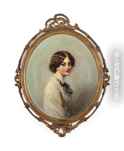 Portrait Of A Young Lady, Half-length, Seated, In A White Dress Oil Painting - Richard Buckner