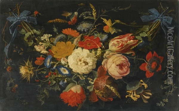 A Hanging Garland Of Flowers And Fruit, Including Roses, Tulips And Raspberries, Along With A Variety Of Insects Oil Painting - Abraham Mignon