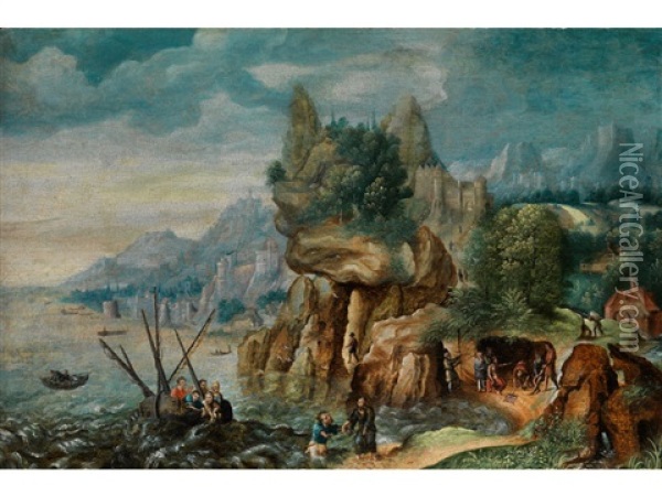 Felsige Landschaft Mit Biblischer Szenerie Oil Painting - Joos de Momper the Younger