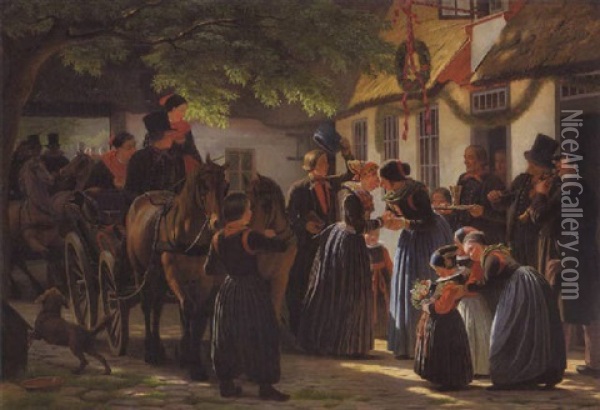 Et Brudepars Hjemkomst Fra Kirken. Bryllupsscene Fra Dragor, Amager Oil Painting - Johann Julius Exner