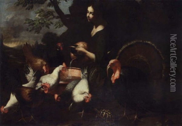 A Girl Watering Chickens And Cocks In A Lanscape, A Turtle In The Forground Oil Painting - Tommaso Salini