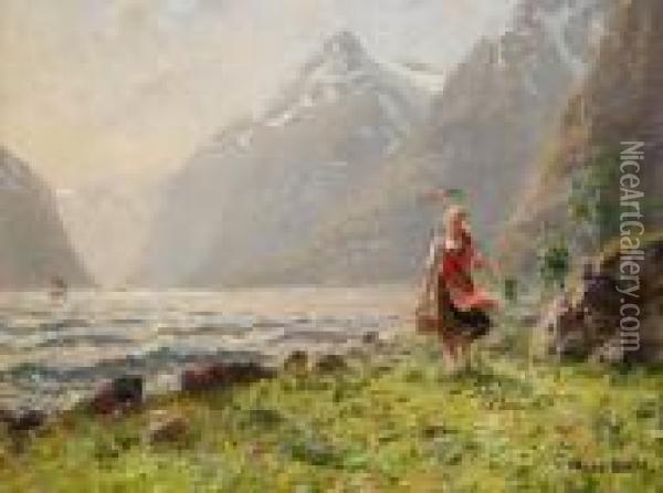 Fjordlandskap Med Vandrande Flicka Oil Painting - Hans Dahl