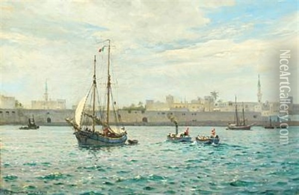 Scene From The Port In Tripoli With Launches Under Danish Flag Oil Painting - Christian Benjamin Olsen