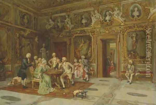 A Game of Chess in the Bernini Room, Villa Borghese, Roma Oil Painting - Enrique Cabral Y Llano