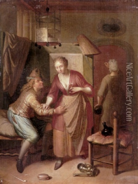 An Interior With An Amorous Couple, A Procuress In The Doorway Oil Painting - Frans Decker