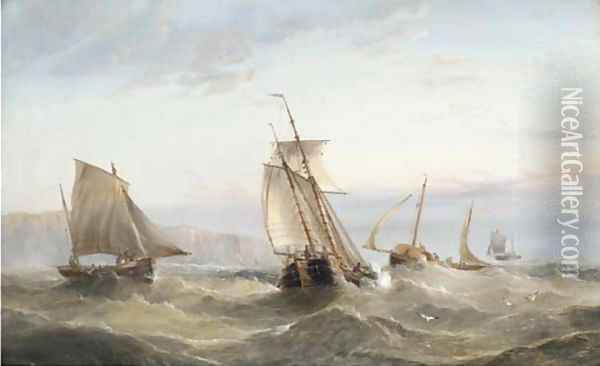 Barges shortening sail offshore Oil Painting - Henry Redmore