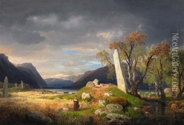 Norwegische Fjordlandschaft Mit Hugelgrabern Oil Painting - Andreas Achenbach