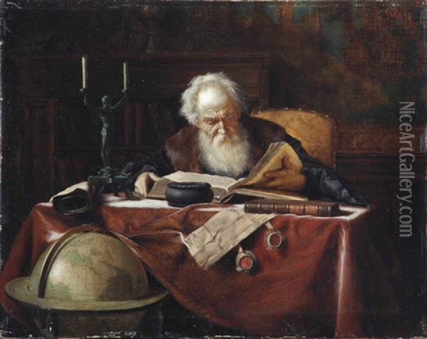 A Scholar In His Study Oil Painting - Ludwig Gloss