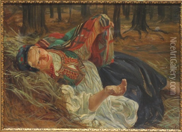 Polnische Bauerin In Tracht Bei Der Rast Oil Painting - Wincenty Wodzinowski