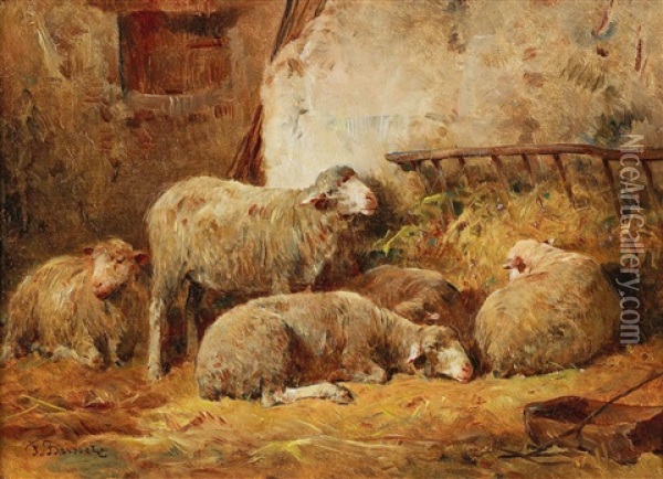 Small Stable Scene With Sheep Oil Painting - Felix Saturnin Brissot de Warville