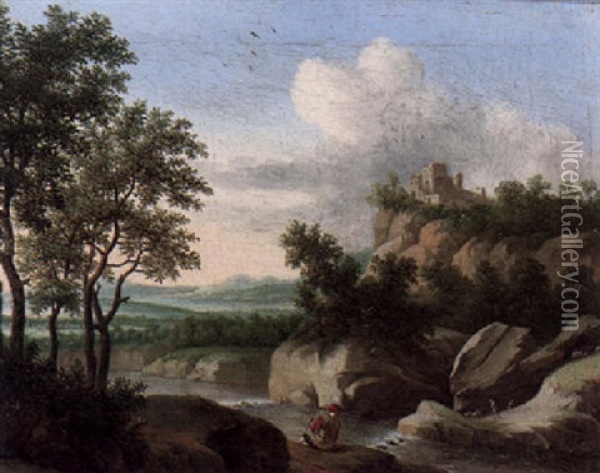 A Mountainous Landscape With A Traveller Resting By A River, A Castle On An Outcrop Beyond Oil Painting - Johannes Pennis