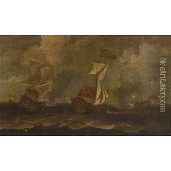 An English Frigate And A Ship Of The Line Giving A Salute To Oil Painting - Peter Monamy