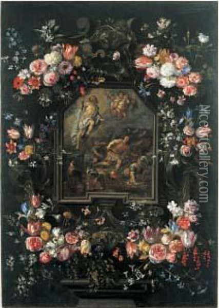 Guirlande De Fleurs Encadrant Un Cartouche Representant La Resurrection Oil Painting - Jan Philip van Thielen