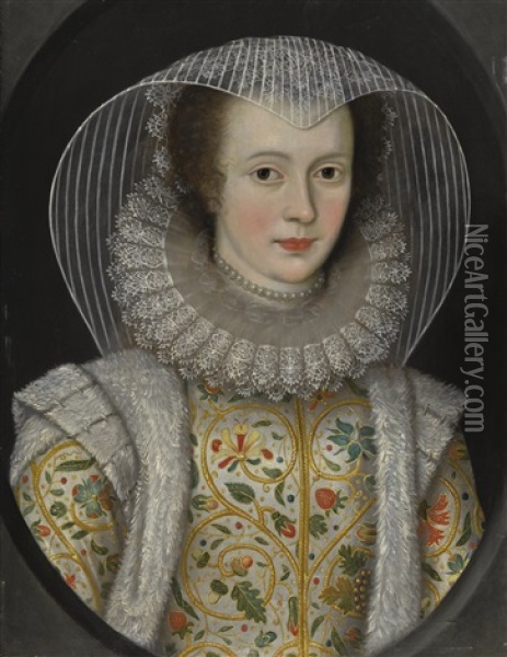 Portrait Of Frances, Lady Dering (1577-1657), Wearing A White Dress Richly Embroidered With Strawberries And Acorns Oil Painting - Marcus Gerards the Younger