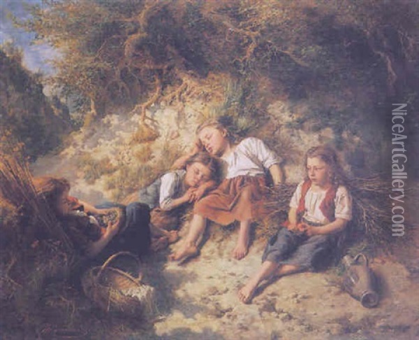 Fillettes Assises Dans Un Sous-bois Oil Painting - Theodore Gerard