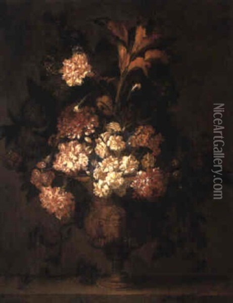 Flowers In Sculpted Vase On Ledge Oil Painting - Jean-Baptiste Belin de Fontenay the Elder