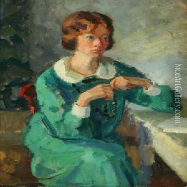 Portrait Of A Youngwoman In A Green Dress Oil Painting - Axel Bredsdorff