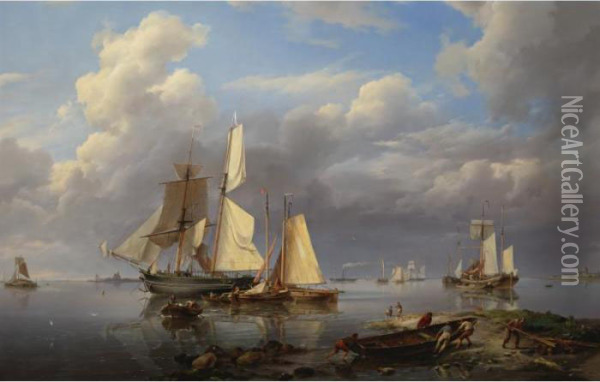 Shipping Estuary: Hauling In The Boats At Day's End Oil Painting - Hermanus Koekkoek