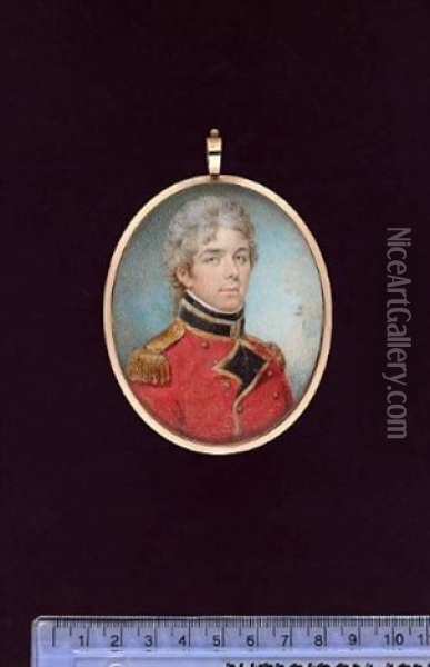 An Officer Of The 1st Regiment Of Footguards Wearing Red Coatee With Blue Facings Edged With Gold Lace And Epaulettes, His Hair Powdered And Worn En Queue Oil Painting - Philip Jean