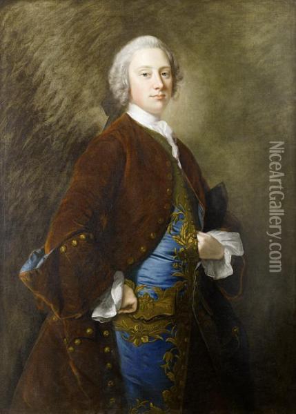 Portrait Of Assheton Curzon, 1st
 Viscountcurzon, Three-quarter-length, In A Brown Velvet Coat And 
Bluewaistcoat Trimmed With Gold, A Tricorn Hat Beneath His Leftarm Oil Painting - Thomas Hudson