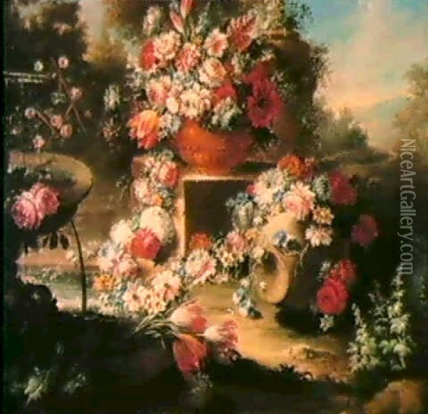 Nature Mortes De Vases Et De Guirlandes De Fleurs Pres De   Fontaines Dans Un Paysage Boise (55x70; 55.5x70.5 Cm) (2) Oil Painting - Gasparo Lopez