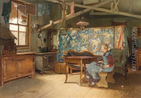 Farmhouse Interior, Zurich 1899 Oil Painting - Johann Hamza