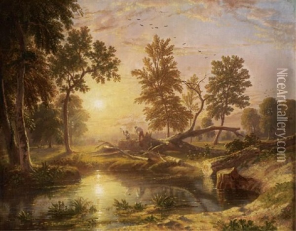 Sunset Landscape With Figures Tending To A Fallen Tree Oil Painting - William Havell