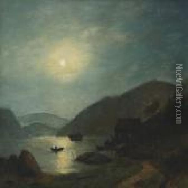A Coastal Scenery With Ship And Rowing Boat In Moonlight Oil Painting - Georg Emil Libert