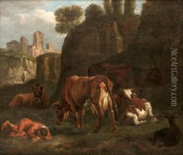 Italieniserande Landskap Med Herde Och Boskap Oil Painting - Rembrandt Van Rijn