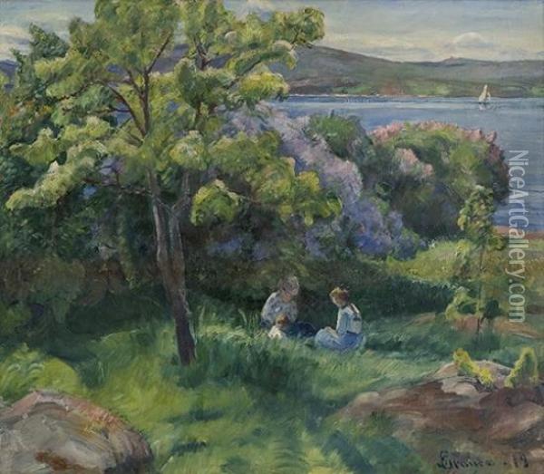 Woman And Children Insummer Landscape Oil Painting - Severin Grande